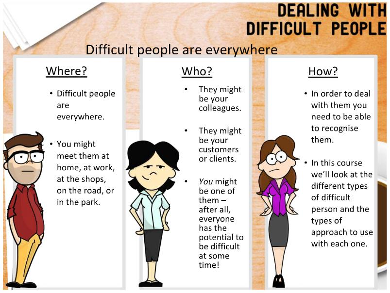 Dealing перевод. Dealing with difficult people. Dealing with difficult people картинки. Types of difficult people. Difficult в разных формах.