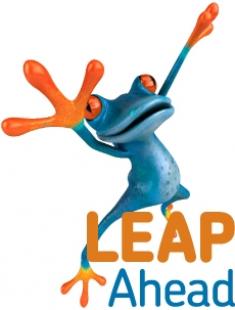Blue frog with orange hands, feet and eyes with 'Leap Ahead' logo