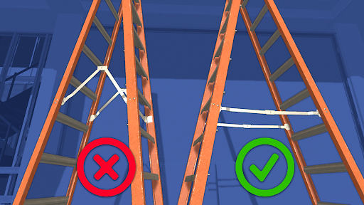 A screenshot from a Mindforge course on ladder safety comparing proper and improper ladder setup